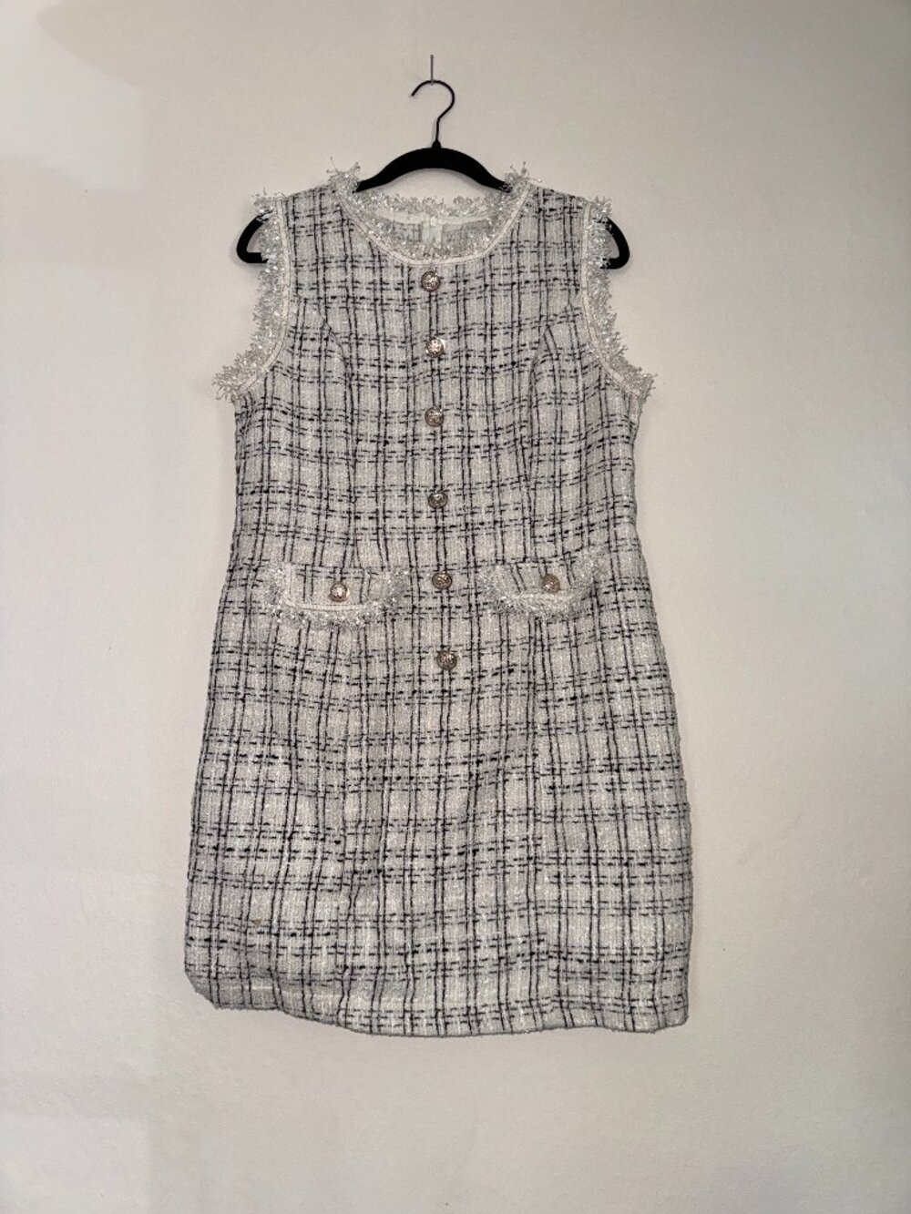 Sleeveless plaid tweed shift mini dress
